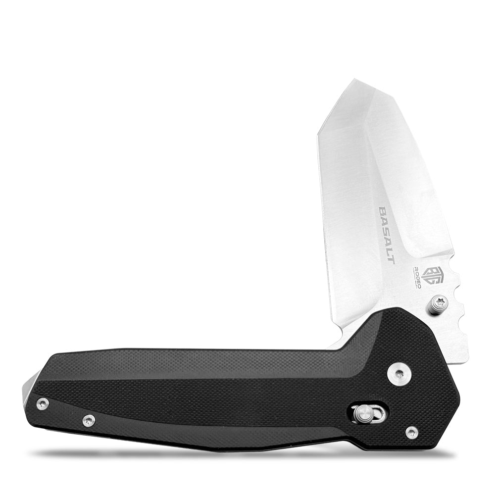 Basalt Heavy Tanto Knife – D2 High Chromium Steel Blade with G10 Etched Handle, Jimping, Glass Breaker Pommel, & Extra-Robust Carry Clip