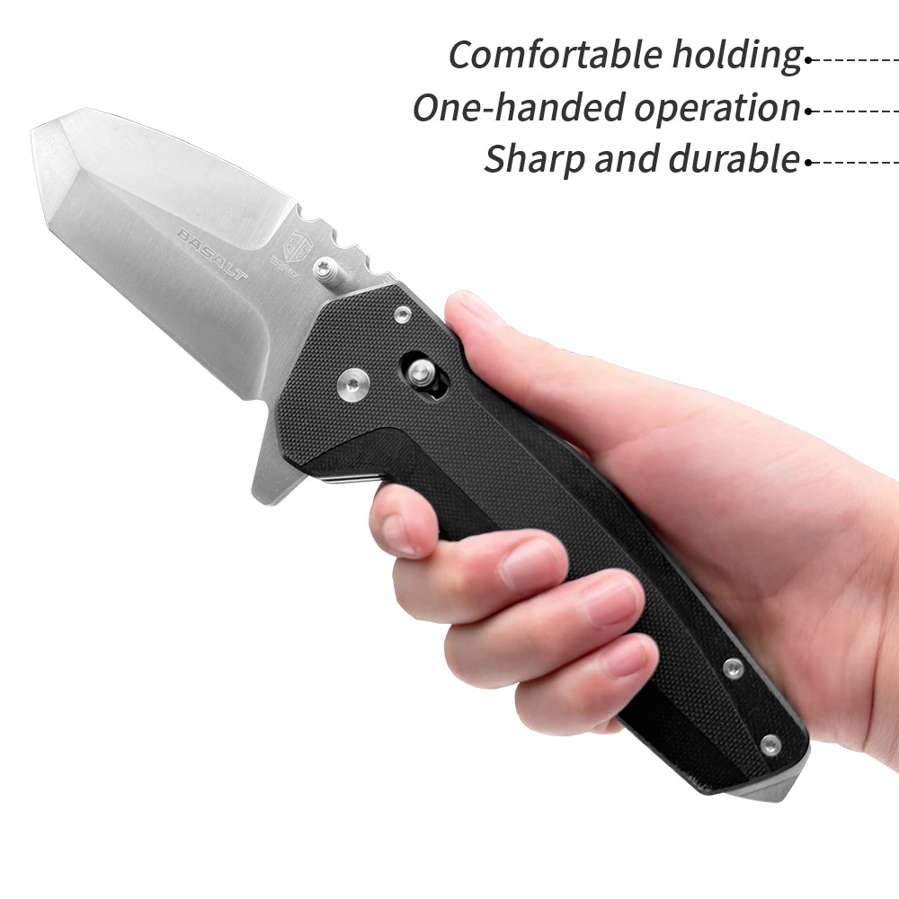 Basalt Heavy Tanto Knife – D2 High Chromium Steel Blade with G10 Etched Handle, Jimping, Glass Breaker Pommel, & Extra-Robust Carry Clip