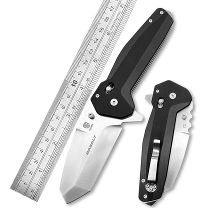 Basalt Heavy Tanto Knife – D2 High Chromium Steel Blade with G10 Etched Handle, Jimping, Glass Breaker Pommel, & Extra-Robust Carry Clip