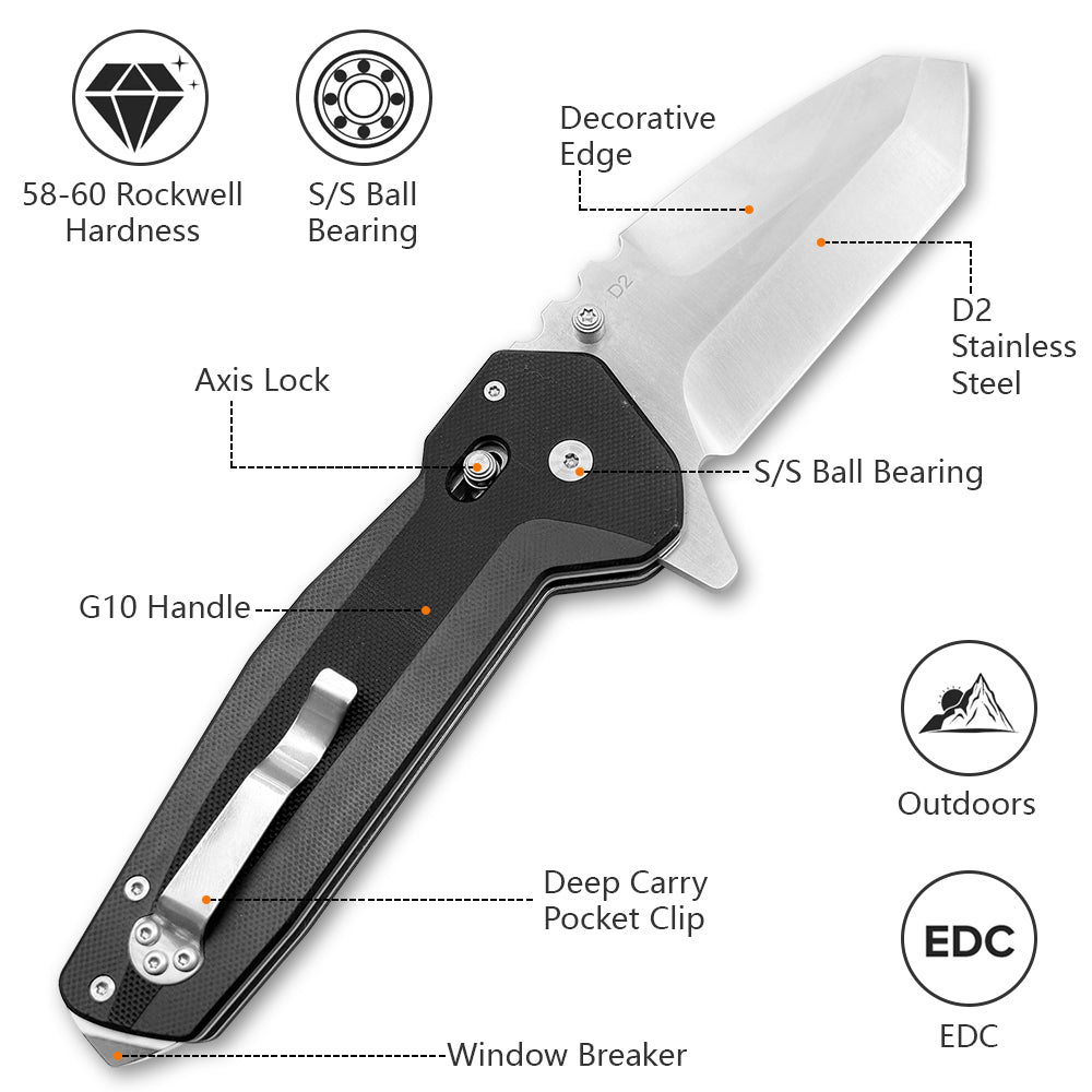 Basalt Heavy Tanto Knife – D2 High Chromium Steel Blade with G10 Etched Handle, Jimping, Glass Breaker Pommel, & Extra-Robust Carry Clip