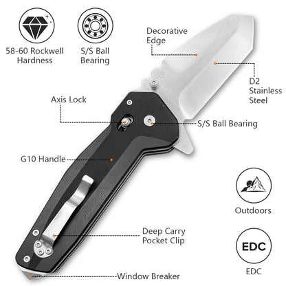 Basalt Heavy Tanto Knife – D2 High Chromium Steel Blade with G10 Etched Handle, Jimping, Glass Breaker Pommel, & Extra-Robust Carry Clip