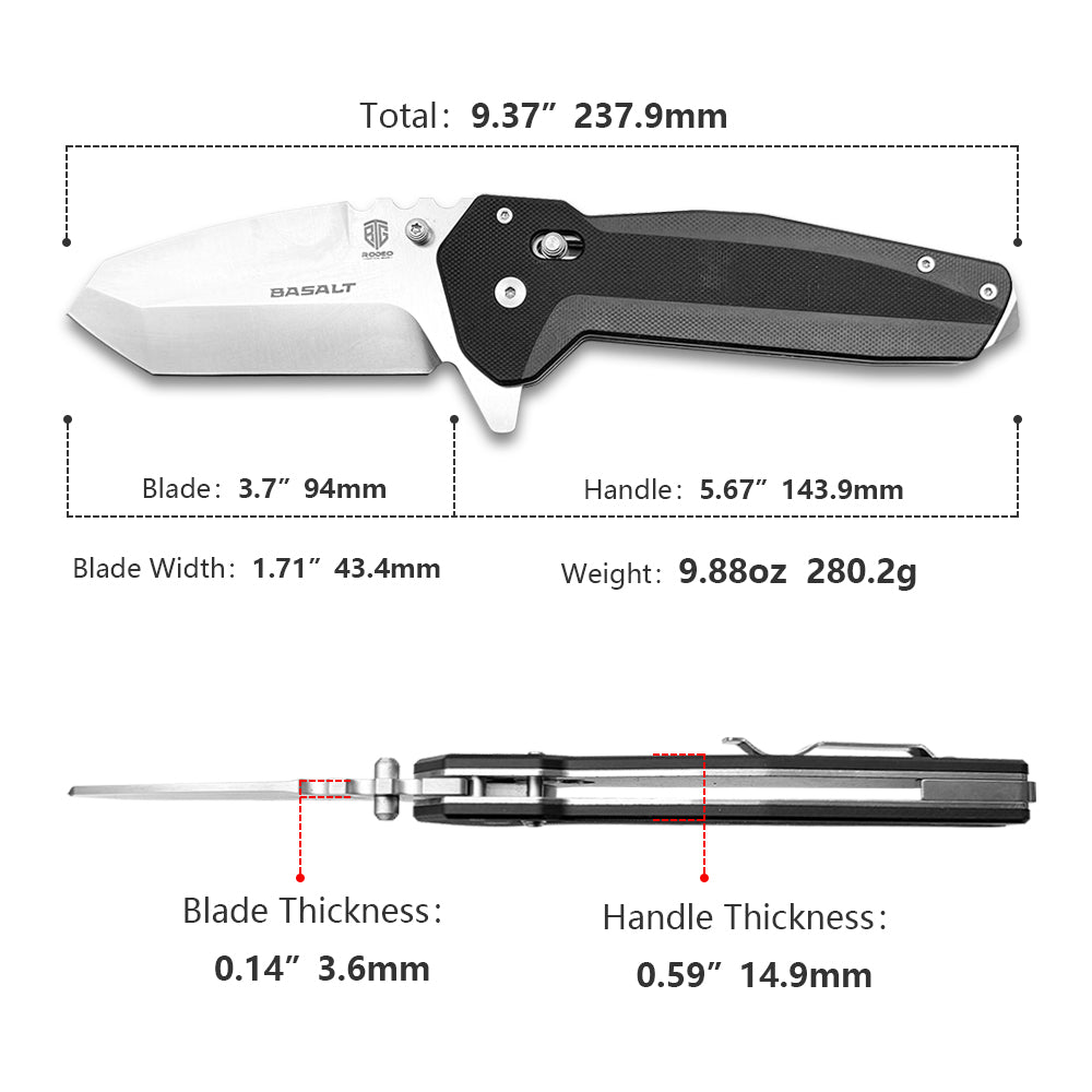 Basalt Heavy Tanto Knife – D2 High Chromium Steel Blade with G10 Etched Handle, Jimping, Glass Breaker Pommel, & Extra-Robust Carry Clip