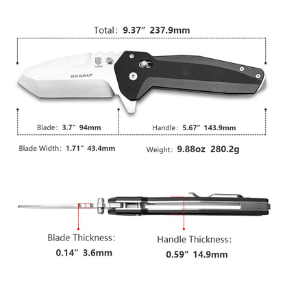 Basalt Heavy Tanto Knife – D2 High Chromium Steel Blade with G10 Etched Handle, Jimping, Glass Breaker Pommel, & Extra-Robust Carry Clip