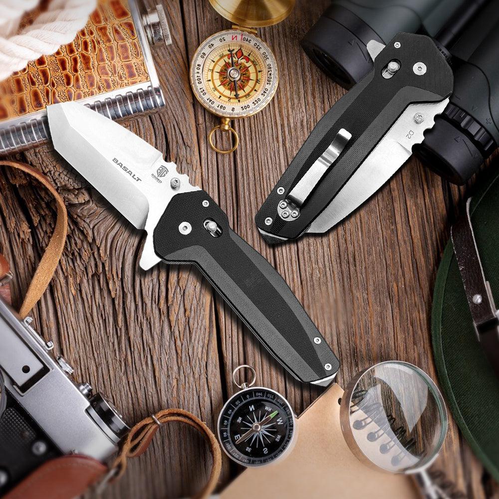 Basalt Heavy Tanto Knife – D2 High Chromium Steel Blade with G10 Etched Handle, Jimping, Glass Breaker Pommel, & Extra-Robust Carry Clip