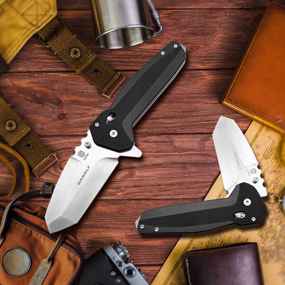 Basalt Heavy Tanto Knife – D2 High Chromium Steel Blade with G10 Etched Handle, Jimping, Glass Breaker Pommel, & Extra-Robust Carry Clip