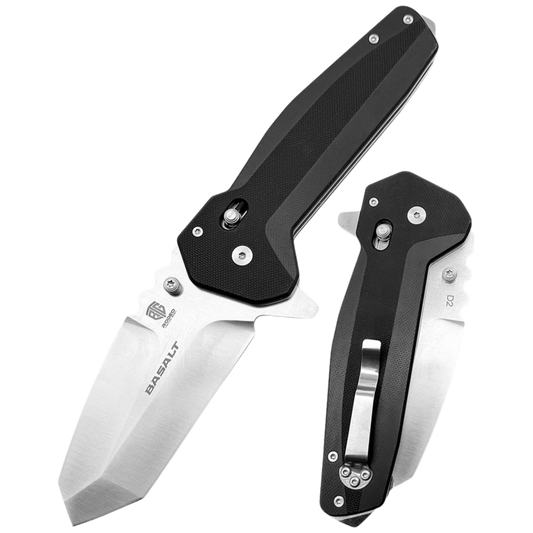 Basalt Heavy Tanto Knife – D2 High Chromium Steel Blade with G10 Etched Handle, Jimping, Glass Breaker Pommel, & Extra-Robust Carry Clip