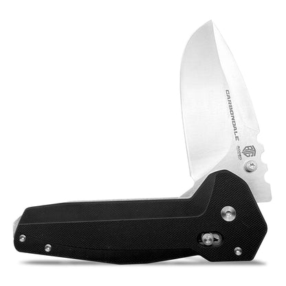 Carbondale Heavy Modified Drop Point Knife –  D2 High Chromium Steel Blade with G10 Etched Handle, Jimping, Pommel, & Robust Belt Clip