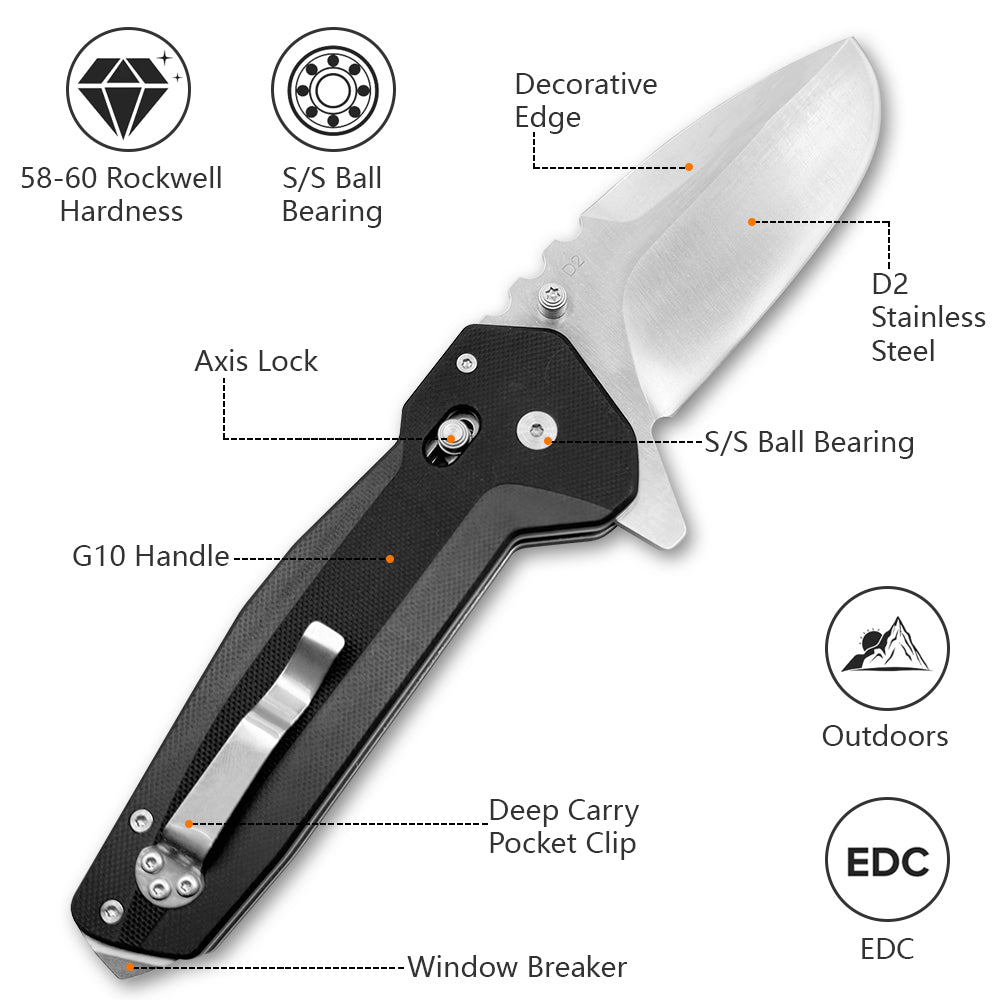 Carbondale Heavy Modified Drop Point Knife –  D2 High Chromium Steel Blade with G10 Etched Handle, Jimping, Pommel, & Robust Belt Clip
