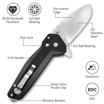 Carbondale Heavy Modified Drop Point Knife –  D2 High Chromium Steel Blade with G10 Etched Handle, Jimping, Pommel, & Robust Belt Clip