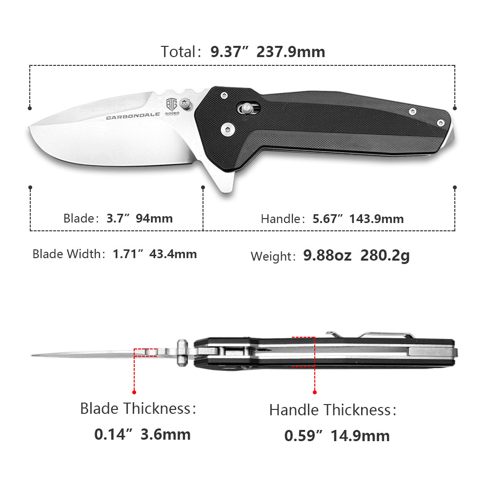 Carbondale Heavy Modified Drop Point Knife –  D2 High Chromium Steel Blade with G10 Etched Handle, Jimping, Pommel, & Robust Belt Clip