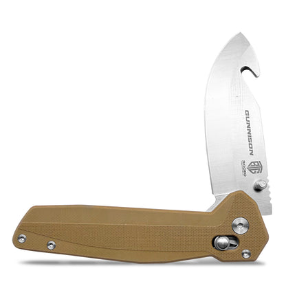 Gunnison Gut Hook Pocket Knife – D2 Steel Blade w/ Flat Dark Earth Handle & Jimping on Spine