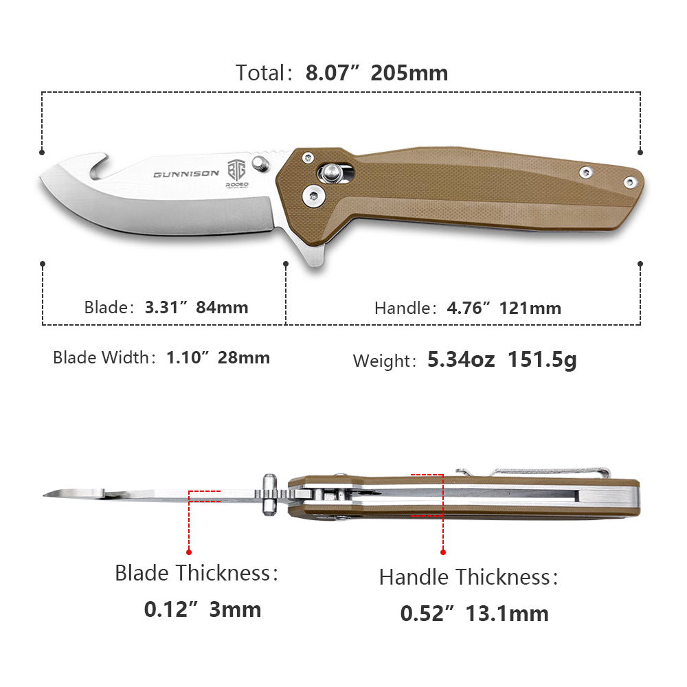 Gunnison Gut Hook Pocket Knife – D2 Steel Blade w/ Flat Dark Earth Handle & Jimping on Spine