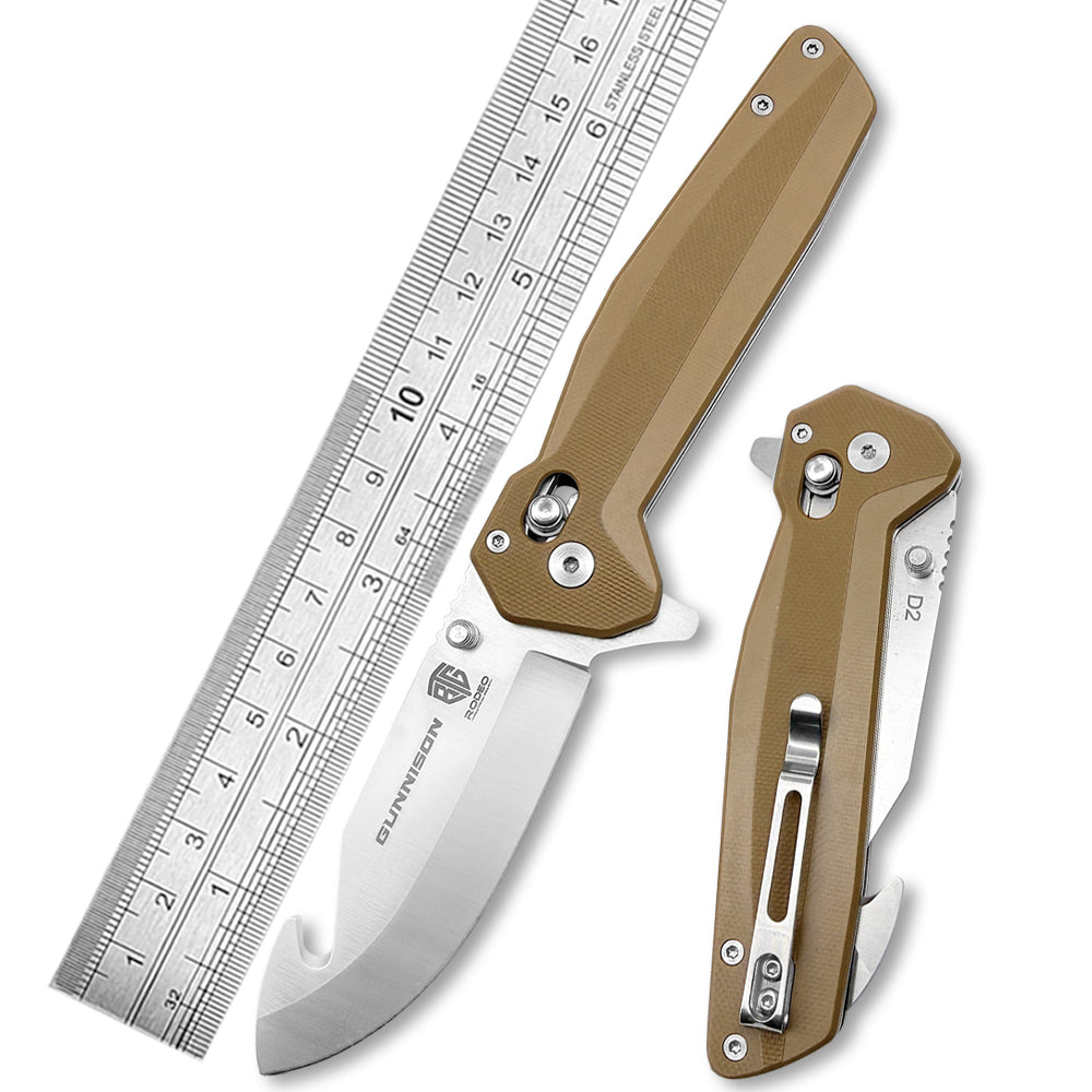 Gunnison Gut Hook Pocket Knife – D2 Steel Blade w/ Flat Dark Earth Handle & Jimping on Spine
