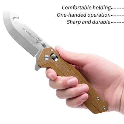 Gunnison Gut Hook Pocket Knife – D2 Steel Blade w/ Flat Dark Earth Handle & Jimping on Spine