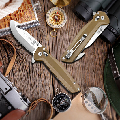 Gunnison Gut Hook Pocket Knife – D2 Steel Blade w/ Flat Dark Earth Handle & Jimping on Spine