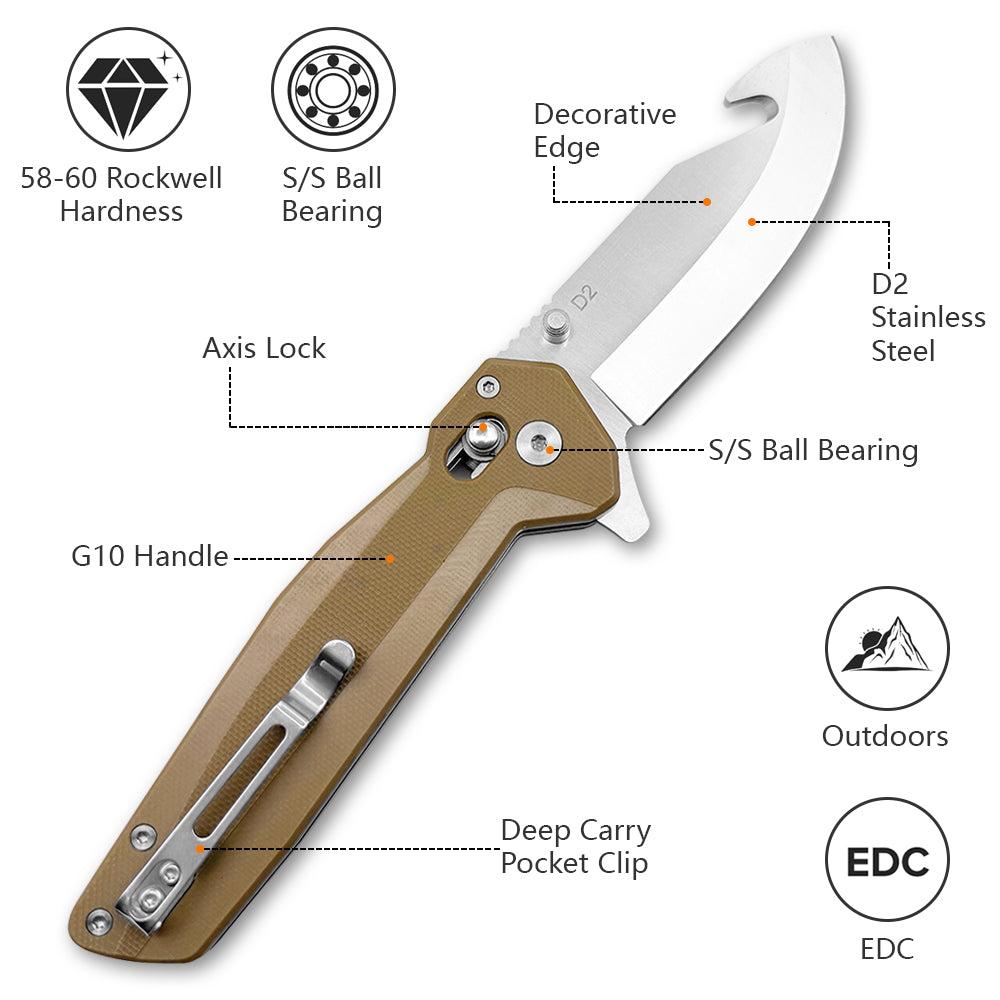 Gunnison Gut Hook Pocket Knife – D2 Steel Blade w/ Flat Dark Earth Handle & Jimping on Spine