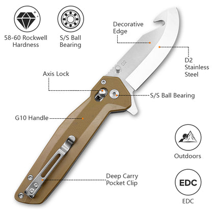 Gunnison Gut Hook Pocket Knife – D2 Steel Blade w/ Flat Dark Earth Handle & Jimping on Spine