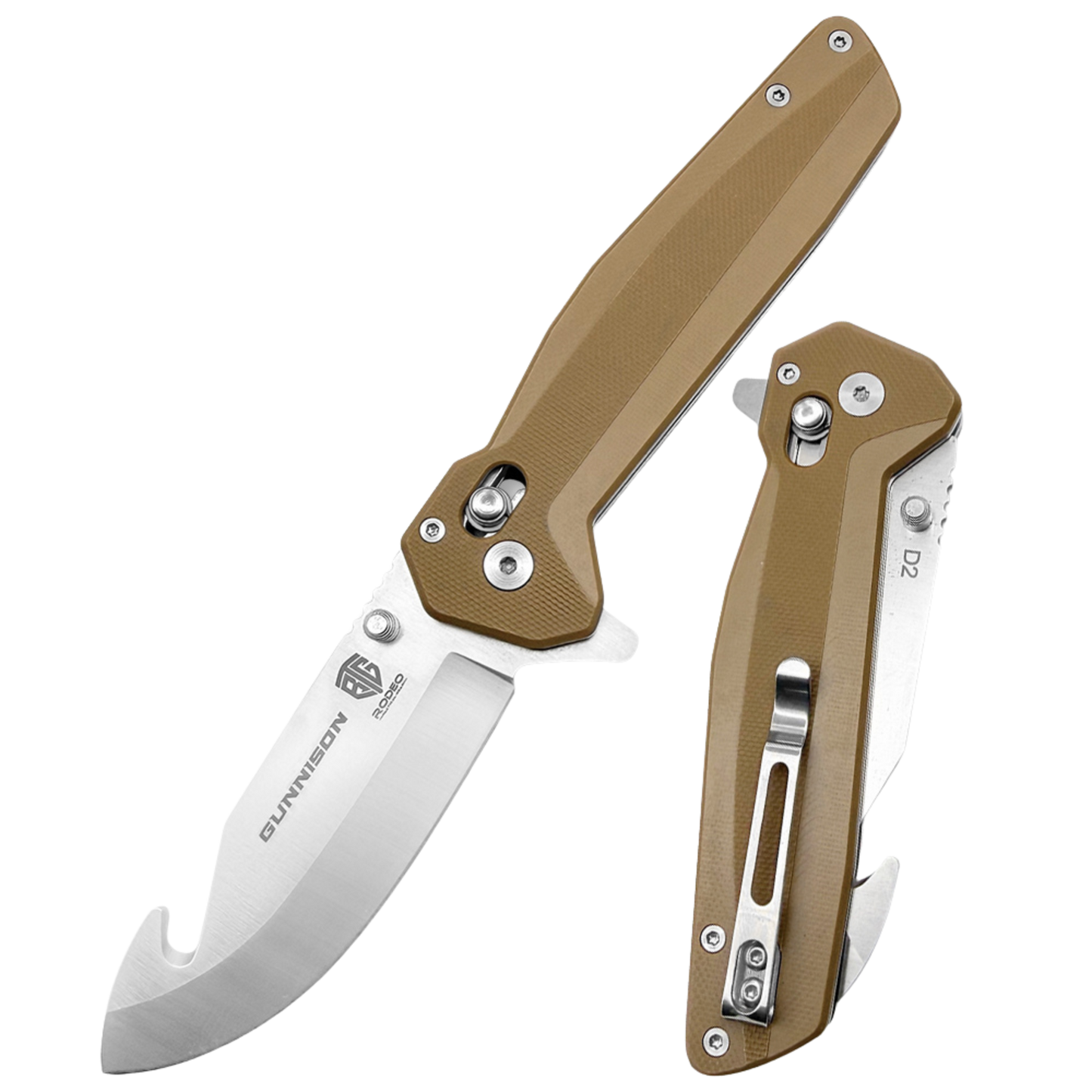 Gunnison Gut Hook Pocket Knife – D2 Steel Blade w/ Flat Dark Earth Handle & Jimping on Spine