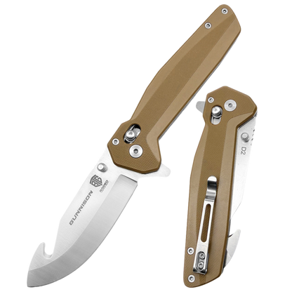 Gunnison Gut Hook Pocket Knife – D2 Steel Blade w/ Flat Dark Earth Handle & Jimping on Spine